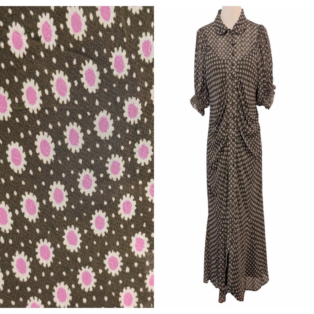 Anthropologie Green and Pink Floral Midi Dress